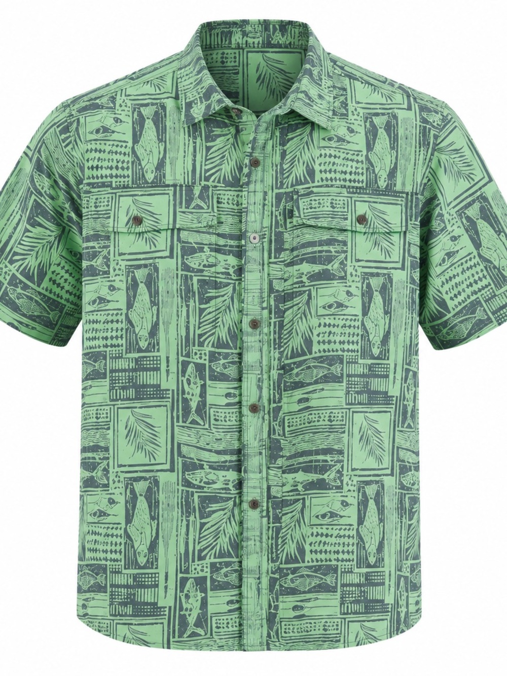 BASS Hawaiian shirt, men’s size medium lime, green/ gray 2 Velcro chest pockets